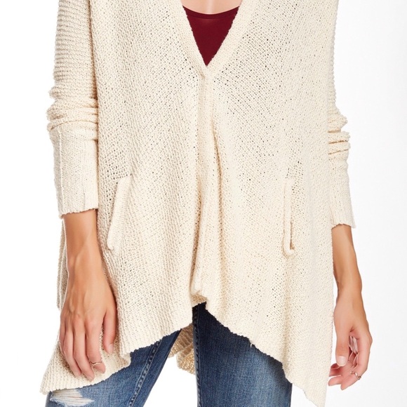 Free People Sharkbite Hem Cardigan Woman XS Ivory Cream Color Pockets Snap Front - Picture 5 of 13